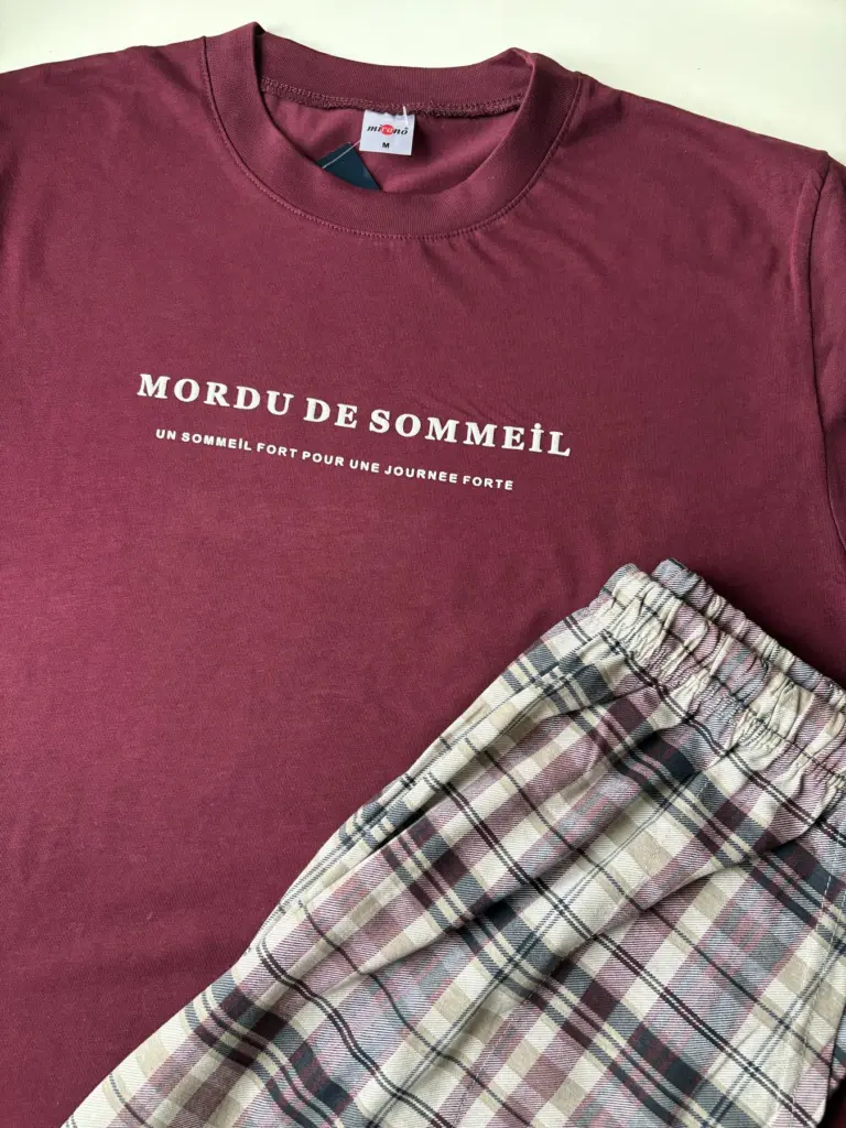 Чоловіча піжама з бавовни «Sommeil» (футболка і штани), бордо клітинка — фото 3
