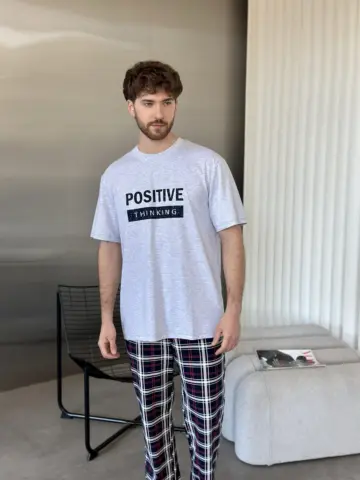 Чоловіча піжама з бавовни «Positive thinking» (футболка і штани), сіра