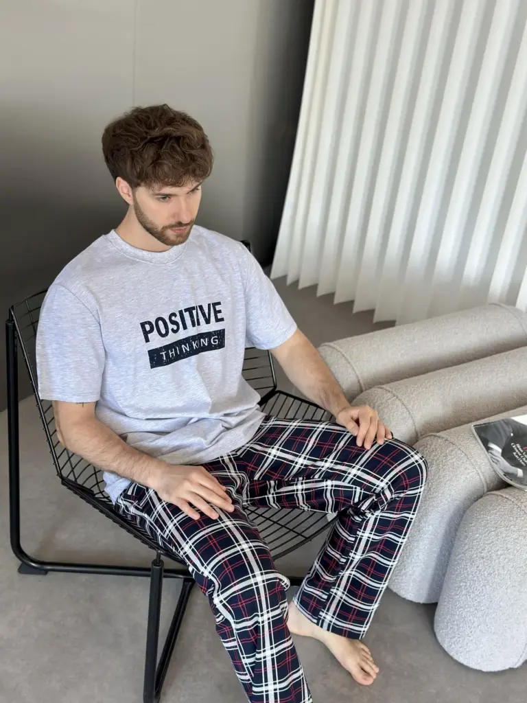 Чоловіча піжама з бавовни «Positive thinking» (футболка і штани), сіра — фото 5