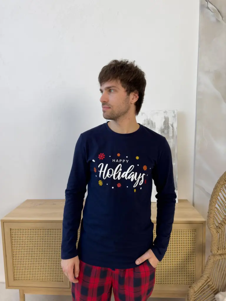 Чоловічий лонгслів з бавовни «Happy Holidays», синій — фото 2