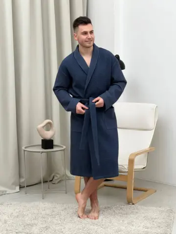 Чоловічий вафельний халат з коміром шаль «Сапфір», синій