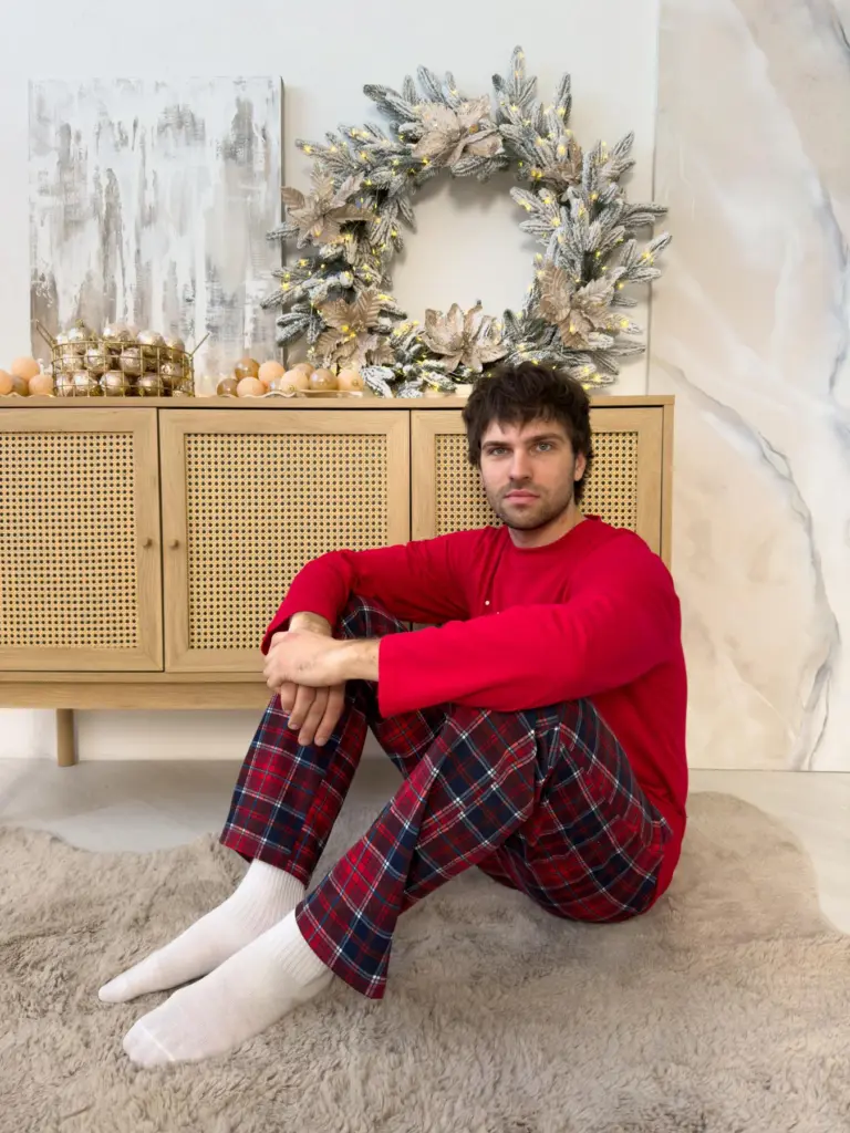 Тепла чоловіча піжама з бавовни без принта «Winter Holiday», червоно-синя — фото 5