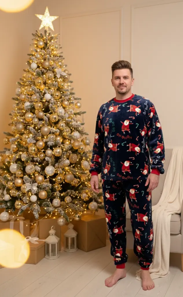 Тепла чоловіча піжама з велсофту «Santa», синя — фото 5