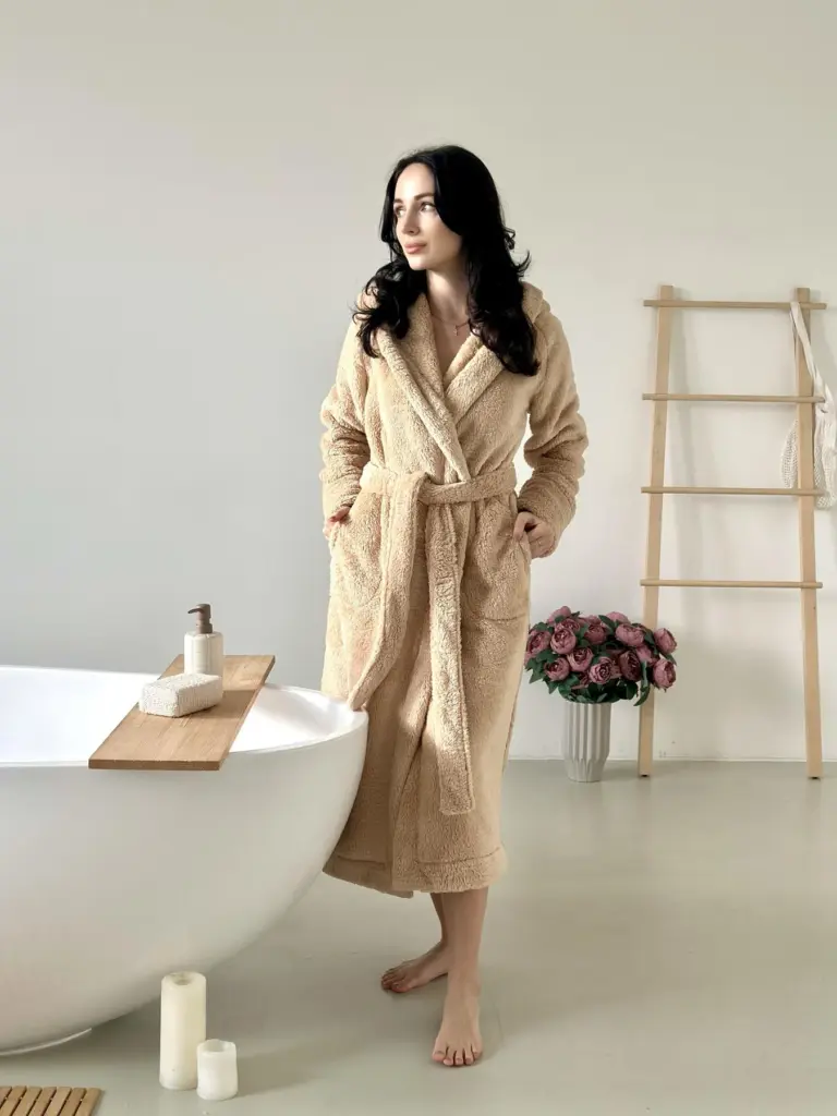 Халат унісекс з велсофту з капюшоном «Cuddle», бежевий — фото 2