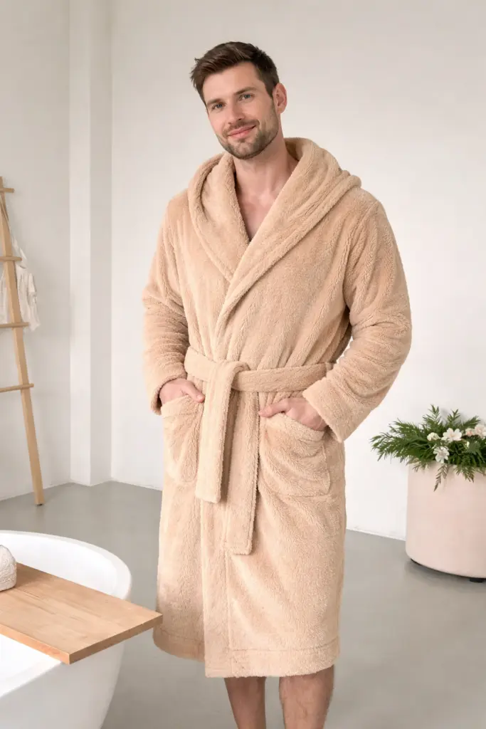 Халат унісекс з велсофту з капюшоном «Cuddle», бежевий — фото 8