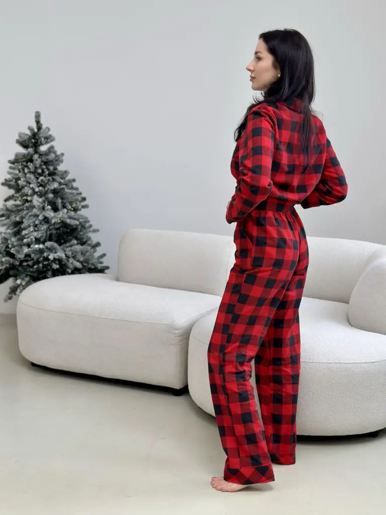 Жіноча піжама з фланелі «Holly Jolly», червоно-чорна клітинка — фото 4