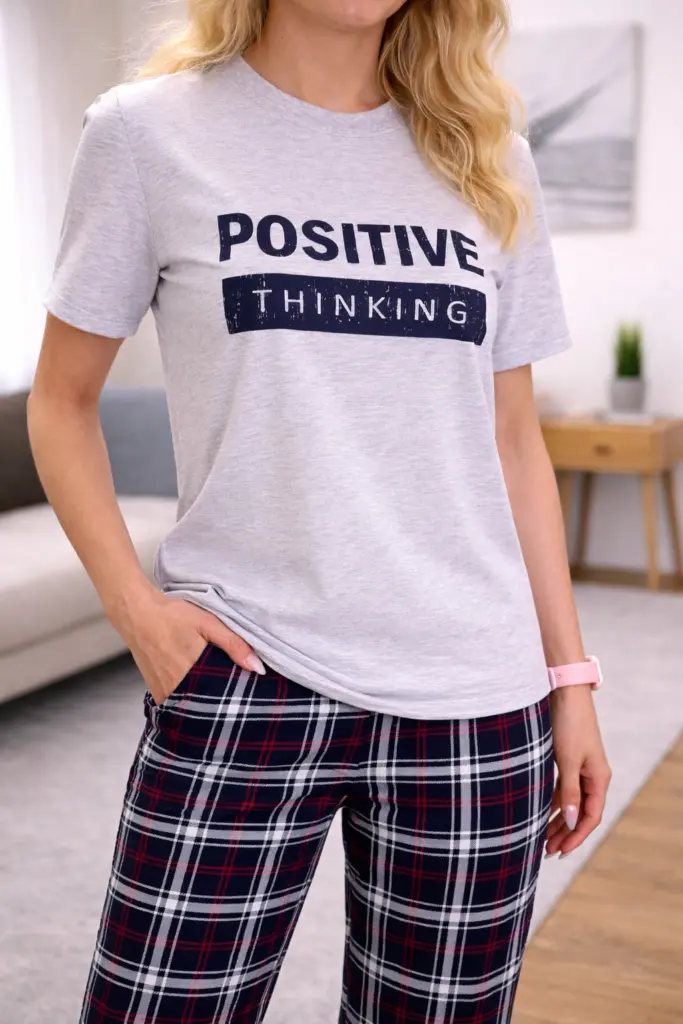 Жіноча піжама з бавовни «Positive thinking» (футболка і штани), сіра — фото 5
