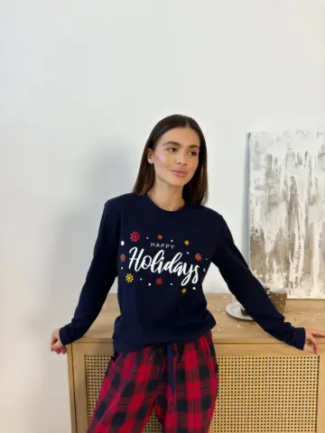 Жіночий лонгслів з бавовни «Happy Holiday», синій