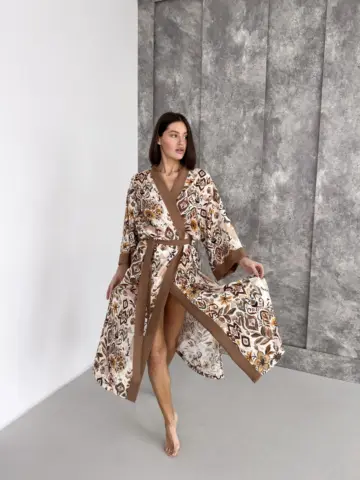 Жіночий віскозний халат-кімоно довгий «Boho Chic», кориця