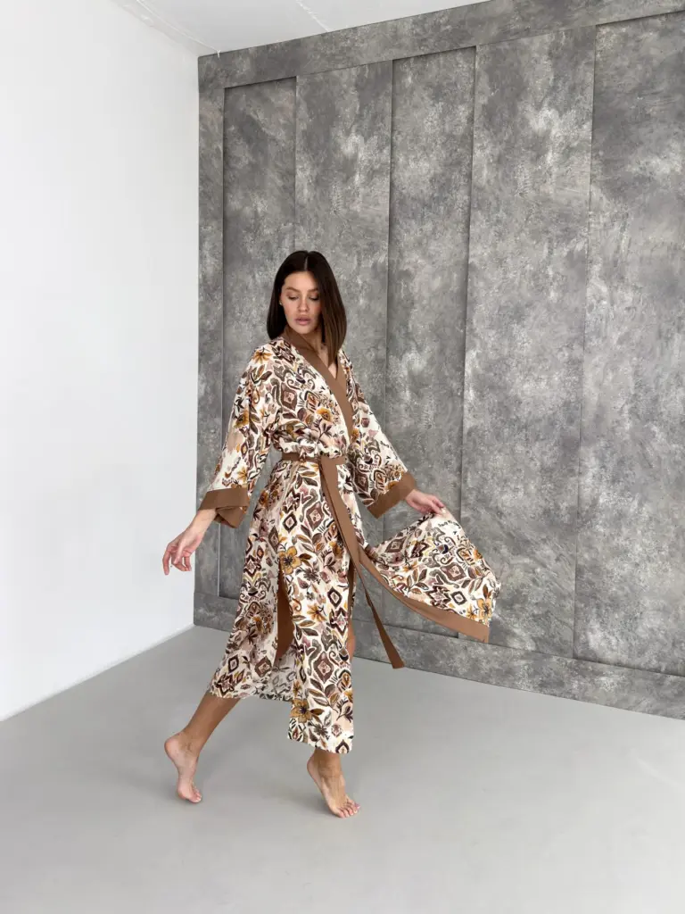 Жіночий віскозний халат-кімоно довгий «Boho Chic», кориця — фото 7